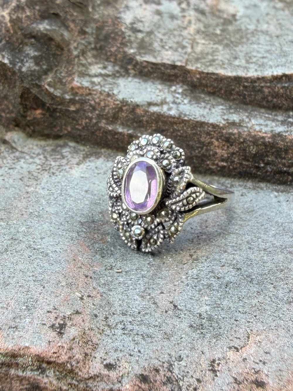 Vintage Sterling Silver Amethyst Marcasite Ring 6